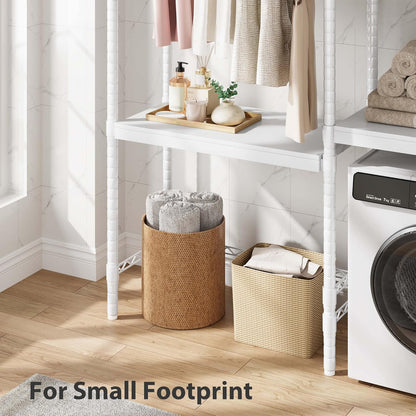 IDEALHOUSE 30" Washer Dryer Storage Shelf A+B - Adjustable Height Laundry Organizer with Double-Layer Wood Shelves, 5-Tier Wood Over Space-Saving Design for Bathroom, Laundry Room, or Balcony, Whit