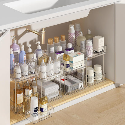 Delamu 2 Tier Under Sink Organizer Bathroom, Bathroom Cabinet Organizer with Snap-Lock Design and Hooks, Pull Out Storage with Movable Dividers, for Countertop, Kitchen and Pantry (Clear, 2 Pack)