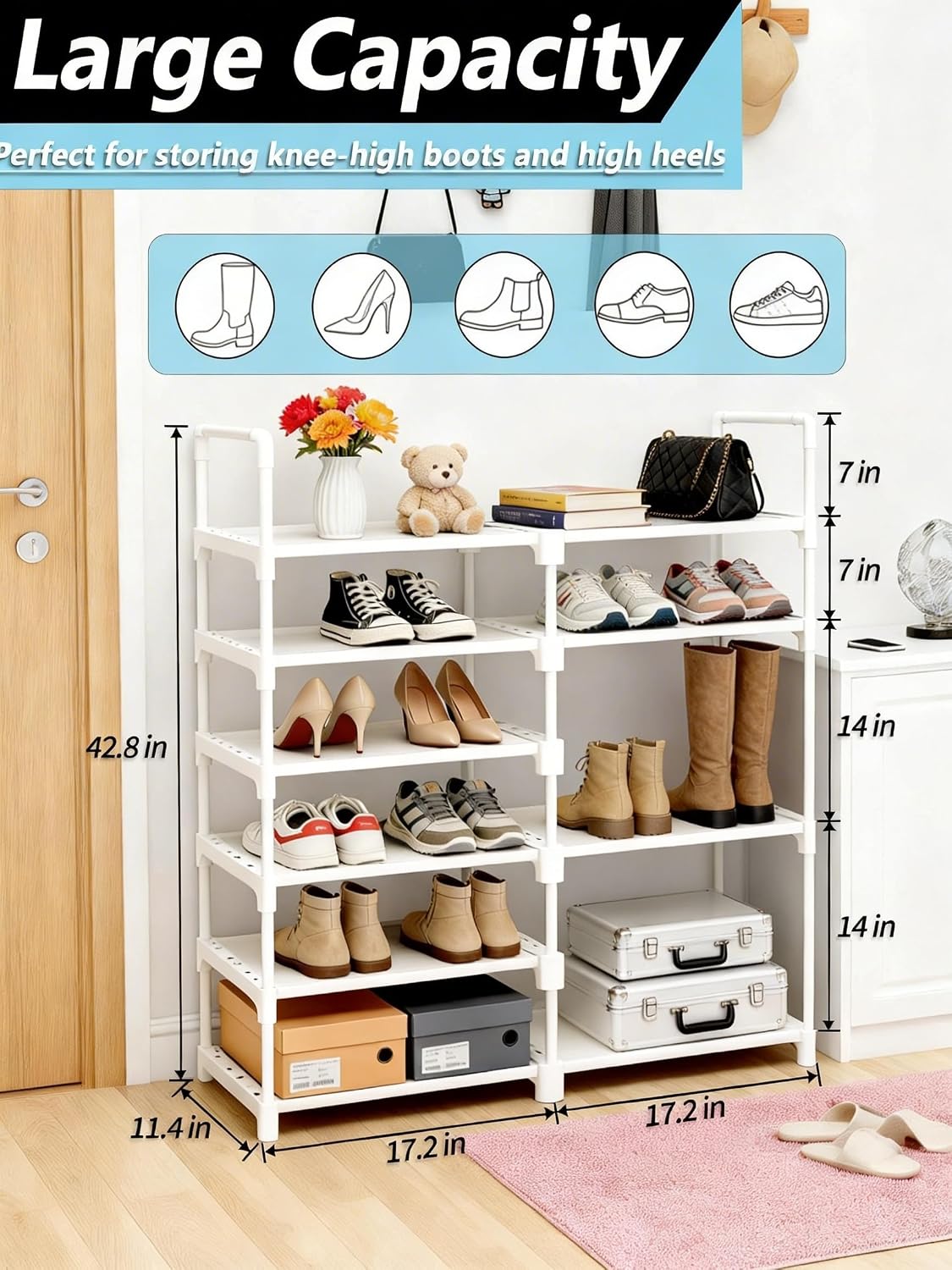 6-Tier Shoe Rack Large Capacity,Durable Shoe Organizer Storage for 20-26 Pairs of Shoes and Boots,Heavy Duty Free Standing Shoe Stand for Closet,Entryway and Garage (Black)