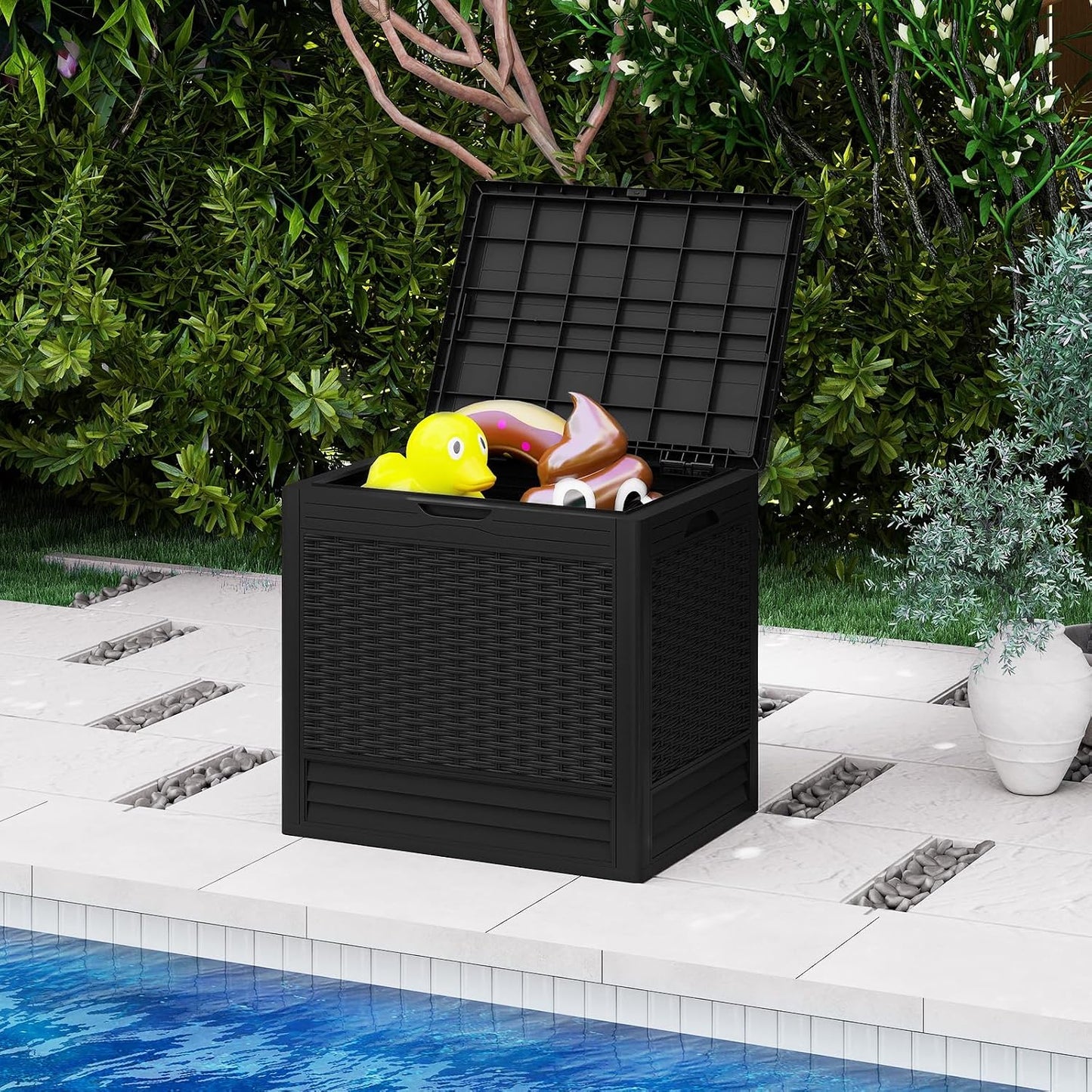 Tangkula 25 Gallon Waterproof Outdoor Storage Box with Lockable Lid | PP Resin, Wicker Patterned, Indoor Outdoor Use, Portable, Versatility, for Deck, Pool, Patio Cushions, Garden Tools