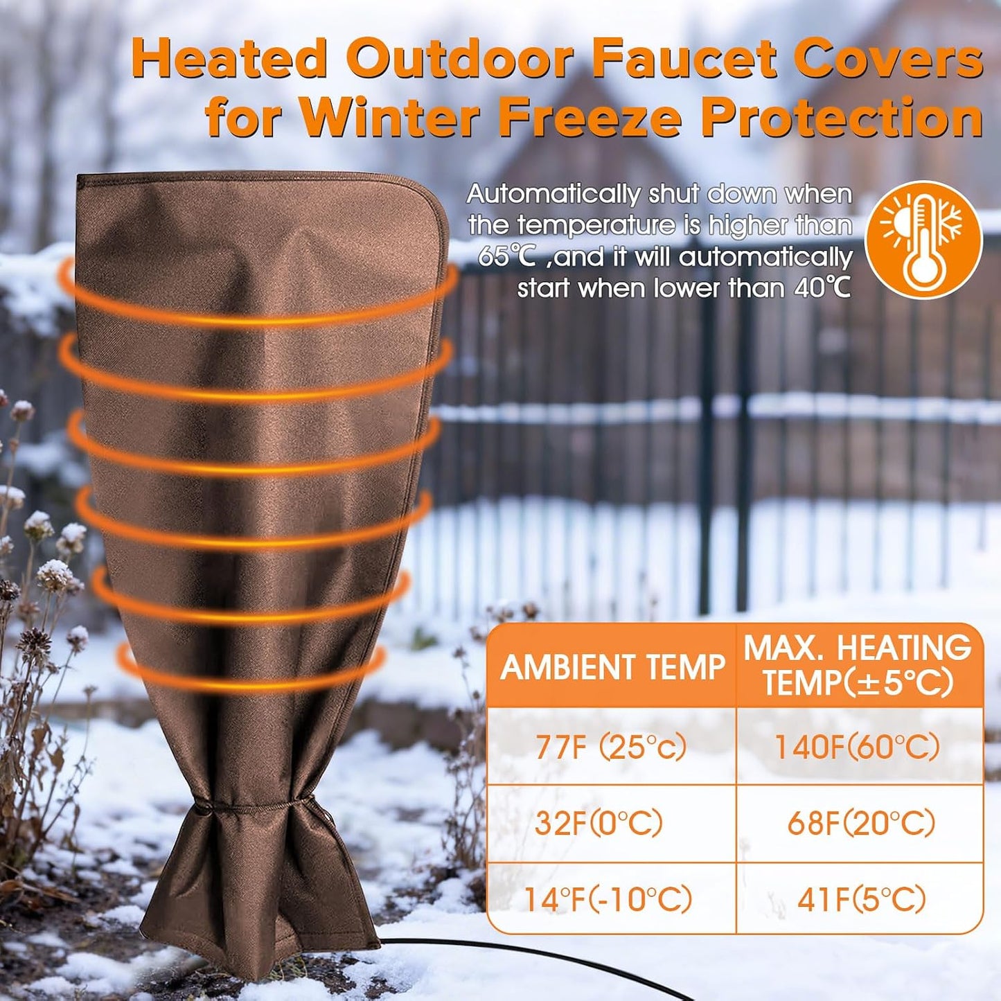 Heated Outdoor Faucet Covers for Winter Freeze Protection, 25.6" x 13.8" Outdoor Faucet Heating Cover, Reusable Waterproof Spigot Cover Winter Insulated Long Faucets Sock for Outside Faucet Hydrant