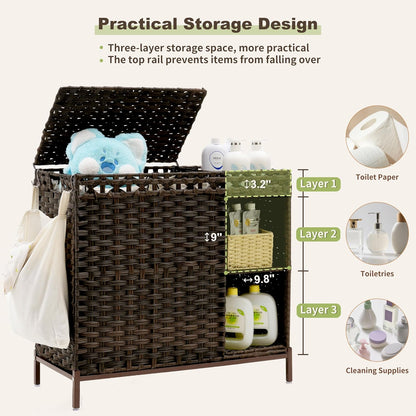 Gitelsnour Laundry Hamper with Lid, 110L (29.1 Gal) Rattan Laundry Hamper 2 Section with 50L (13.2 Gal) Storage Shelf, Wicker Woven Laundry Sorter Basket with 3 Liner Bags and Handles, Brown GLH002BR