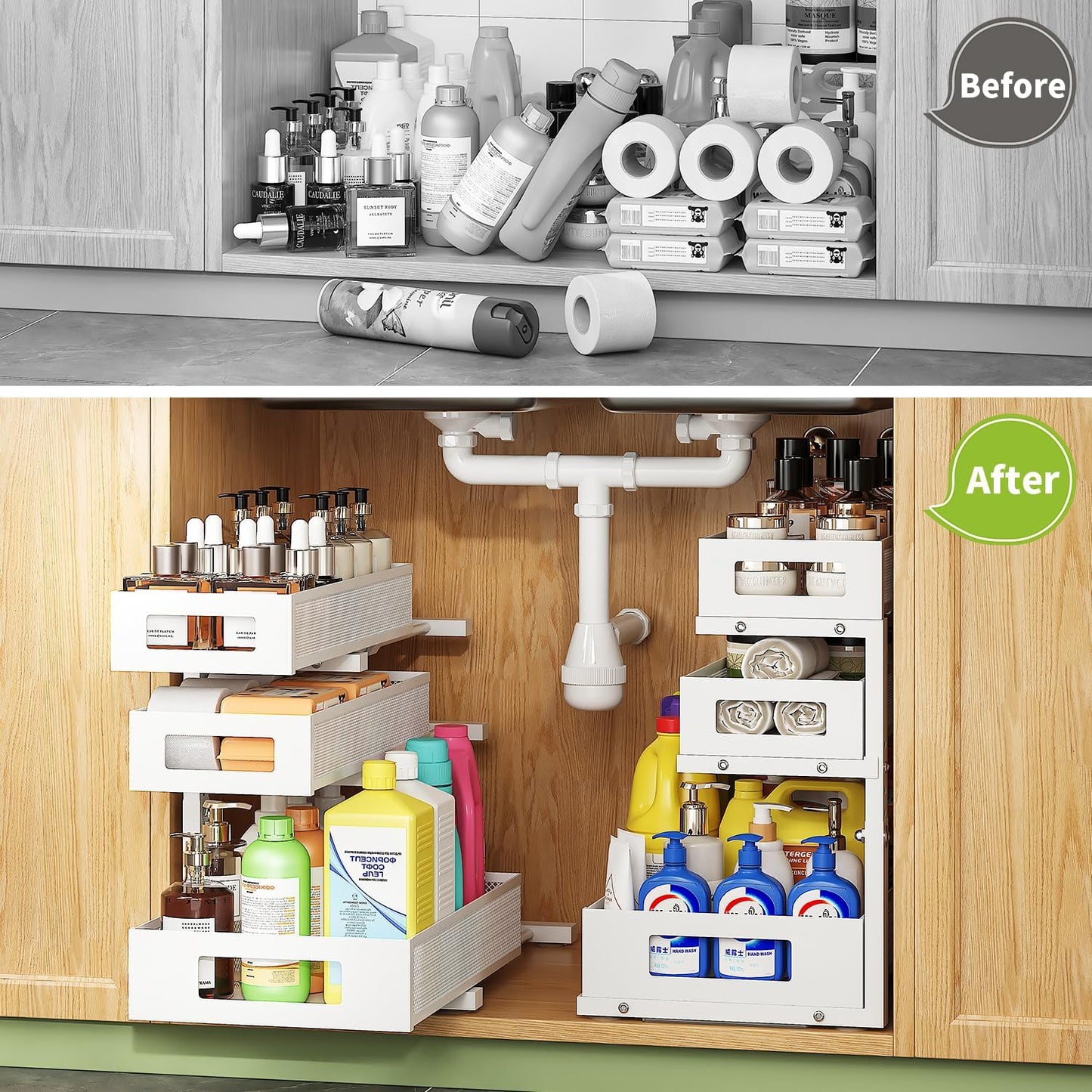 3-Tier Under Sink Organizer,2 Pack Height Adjustable Pull Out Cabinet Organizer Shelf, Thickened Metal Slide out Storage Drawer Rack for Bathroom Laundry Room Kitchen Pantry Organization (White)