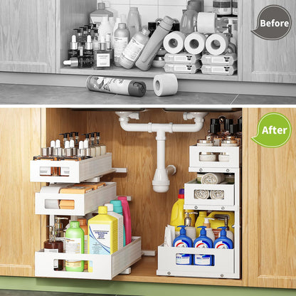 3-Tier Under Sink Organizer,2 Pack Height Adjustable Pull Out Cabinet Organizer Shelf, Thickened Metal Slide out Storage Drawer Rack for Bathroom Laundry Room Kitchen Pantry Organization (White)