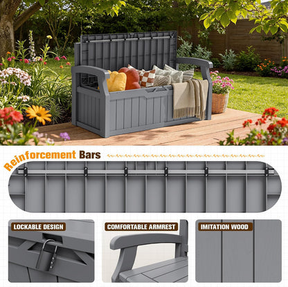 JUMMICO 80 Gallon Resin Outdoor Storage Bench, Large Deck Box with Armrest, Lockable&Waterproof for Garden, Home, Patio, Pools (Black, 80 Gallon)