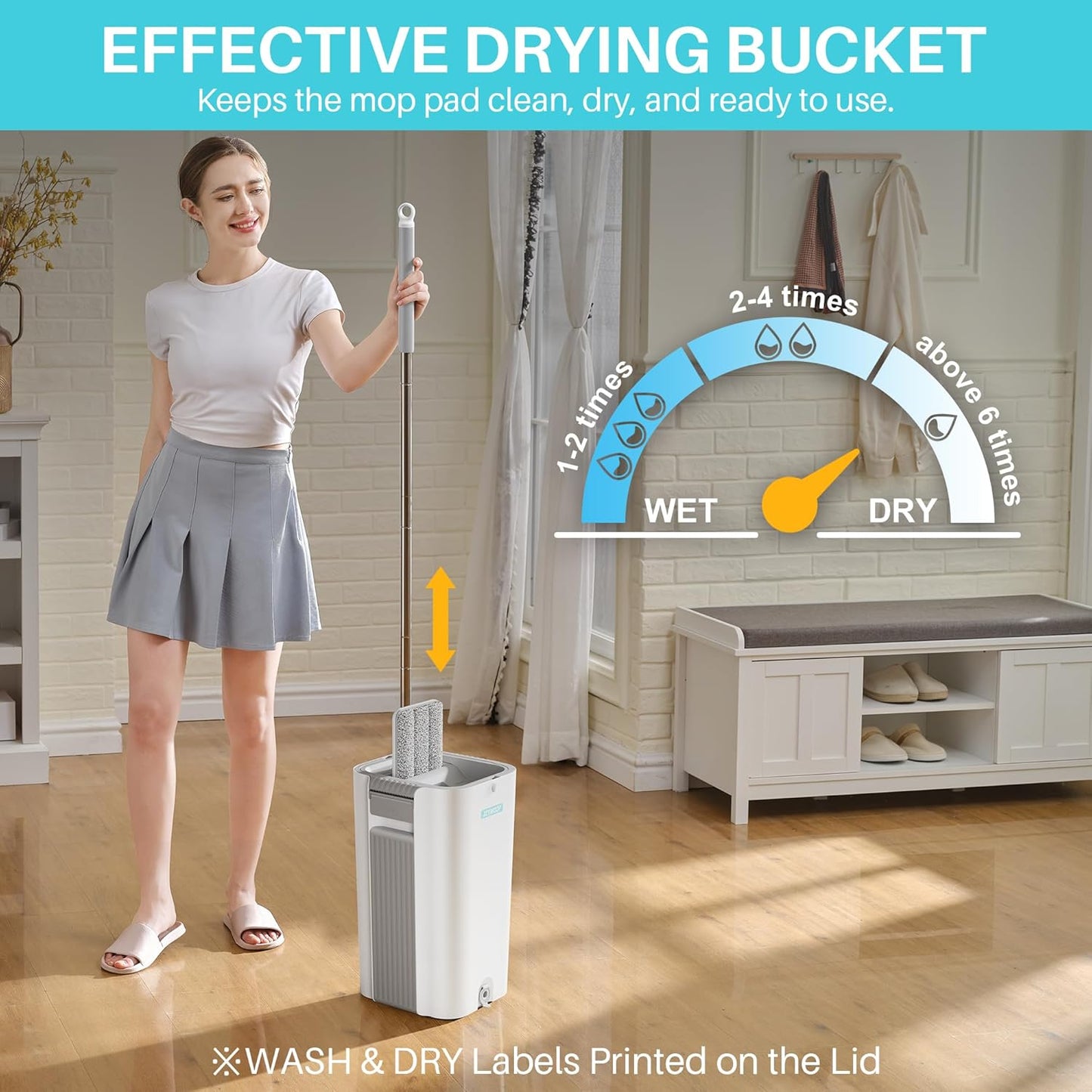 JOYMOOP Mop and Bucket Set, Flat Mops for Floor & Wall Cleaning, Commercial & Household Use, Hardwood Floor Mop with Long Handle & 4 Microfiber Pads