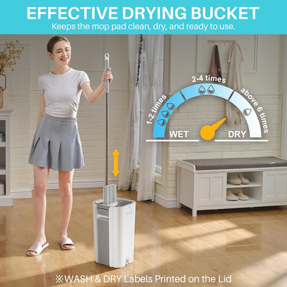 JOYMOOP Mop and Bucket Set, Flat Mops for Floor & Wall Cleaning, Commercial & Household Use, Hardwood Floor Mop with Long Handle & 4 Microfiber Pads