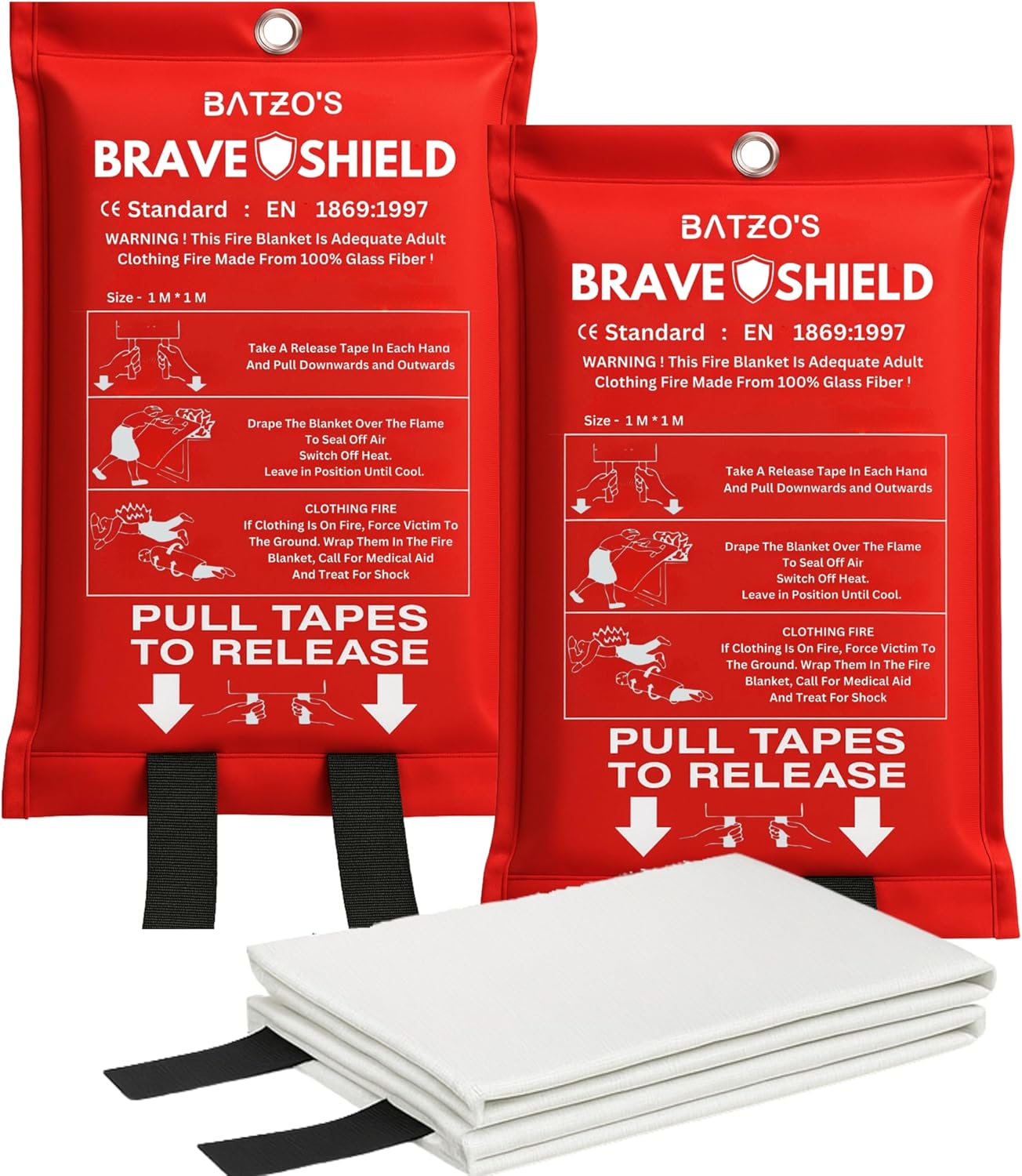 Batzo's BraveShield Emergency Fire Blanket 40"x40" 2-Pack – Premium, Lab-Tested, Fireproof, Heat-Resistant, CE Certified for Home, Kitchen, Car and Outdoor Safety