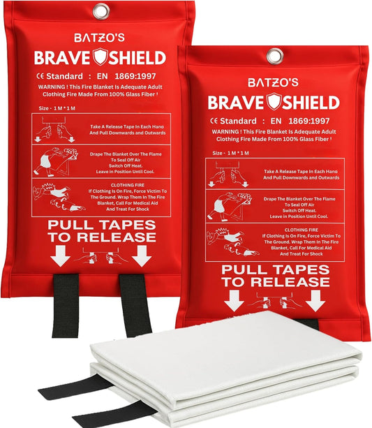 Batzo's BraveShield Emergency Fire Blanket 40"x40" 2-Pack – Premium, Lab-Tested, Fireproof, Heat-Resistant, CE Certified for Home, Kitchen, Car and Outdoor Safety