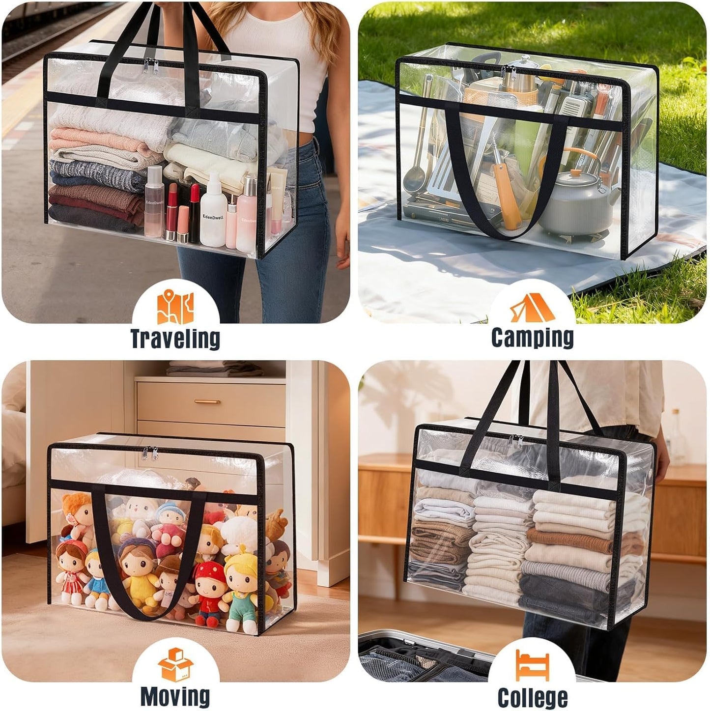 4 Packs Clear Under Bed Storage Containers - 60 L Large Capacity Clothes Storage Bags with Lid & Sturdy Handles, Foldable Moving Bags, Clothing Organizer Totes for Bedding, Comforter, Sheet