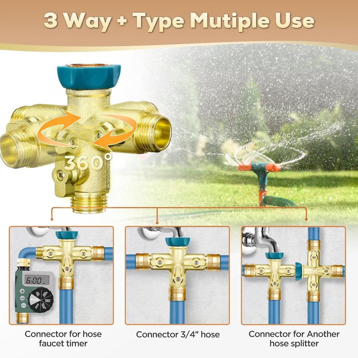IPOW Upgrade Full Flow Garden Hose Splitter with Stainless Steel Handle, Brass Heavy Duty 2 Way Y Valve Garden Hose Splitter High Flow Spigot Splitter + 6 Rubber Hose Washers with Comfort Grip Use