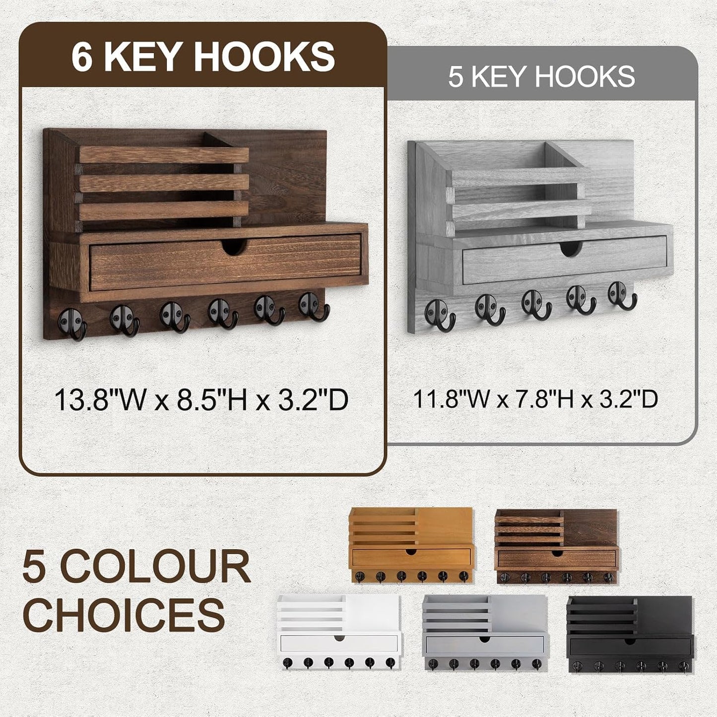 Key Holder Wall Mount, Mail Holder with Storage Drawer and 5 Key Hooks for Coat, Dog Leash, Home Decor Rack, House Accessories, Entry Way Organizer