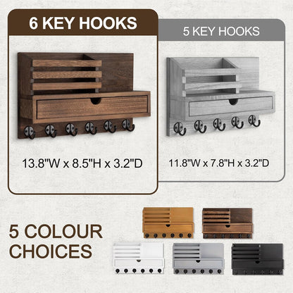 Key Holder Wall Mount, Mail Holder with Storage Drawer and 5 Key Hooks for Coat, Dog Leash, Home Decor Rack, House Accessories, Entry Way Organizer