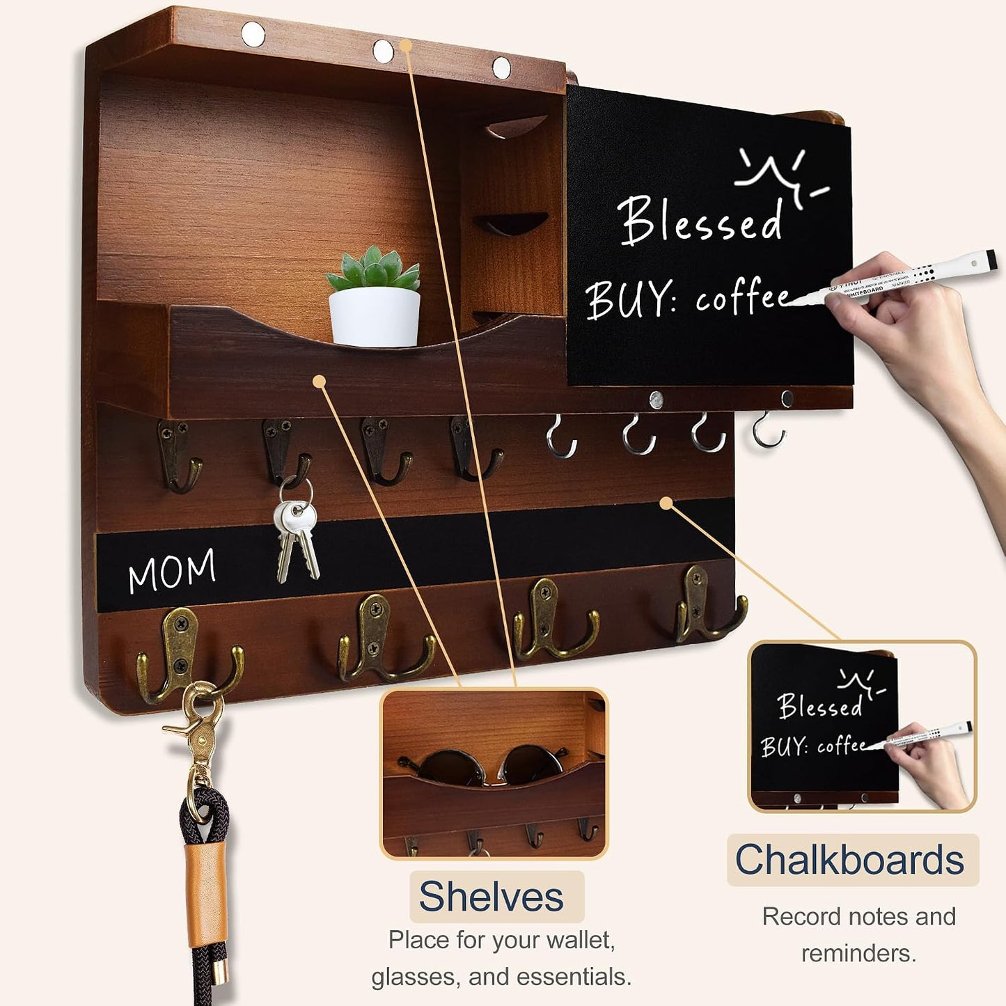 Key Holder for Wall Mount with Shelf and Mail Organizer, Key and Mail Holder with 16 Hooks, Farmhouse Entryway Organizer, Home Decor Rack (Pine Wood, Black)