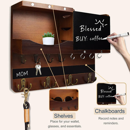 Key Holder for Wall Mount with Shelf and Mail Organizer, Key and Mail Holder with 16 Hooks, Farmhouse Entryway Organizer, Home Decor Rack (Pine Wood, Black)