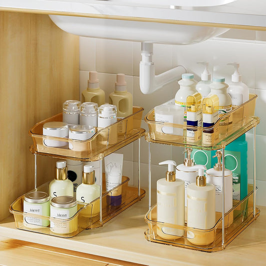 Delamu 2-Tier Under Sink Organizers and Storage, Multi-Purpose Stackable Bathroom Cabinet organizers, Pull Out Kitchen Pantry Organization and Storage with Dividers(2 Pack, Clear)