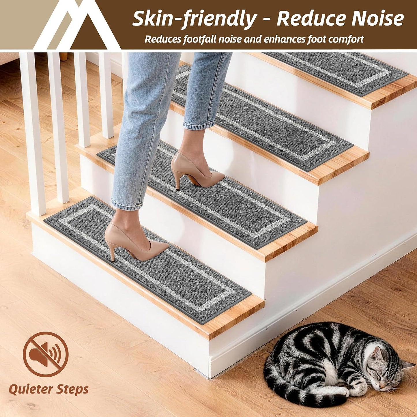 COSY HOMEER Soft Stair Treads Non-Slip Carpet Mat 28inX9in Indoor Stair Runners for Wooden Steps, Stair Rugs for Kids and Dogs, 100% Polyester TPE Backing 4pcs, Grey