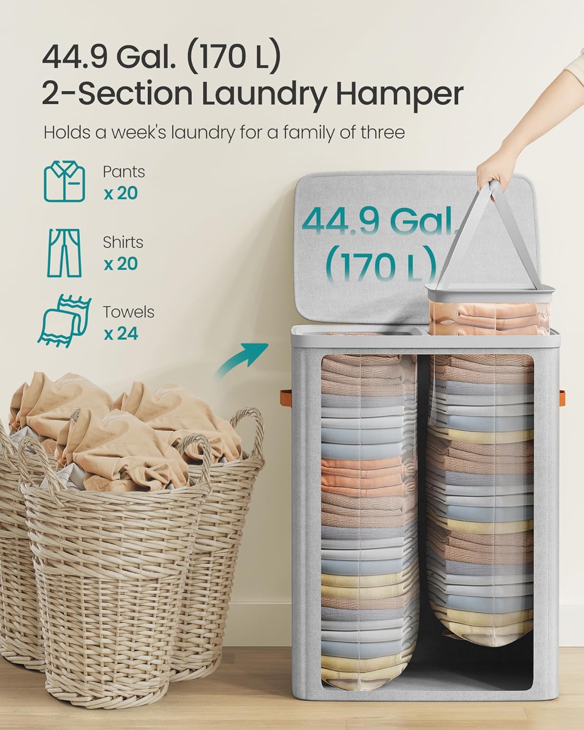 SONGMICS Laundry Basket, 50.2 Gal. Laundry Hamper, 3 Compartments, Easy Assembly, with Lid and Handles, Removable Liners, 25.2 x 15.7 x 29.5 Inches, Cappuccino Beige ULCB814LH01