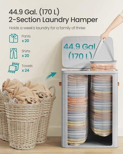 SONGMICS Laundry Basket, 50.2 Gal. Laundry Hamper, 3 Compartments, Easy Assembly, with Lid and Handles, Removable Liners, 25.2 x 15.7 x 29.5 Inches, Cappuccino Beige ULCB814LH01