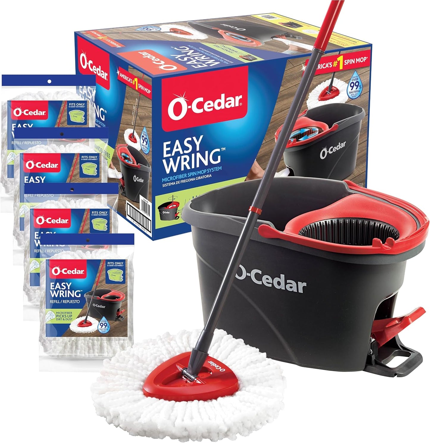 O-Cedar EasyWring Microfiber Spin Mop & Bucket Floor Cleaning System + 2 Extra Refills, Red/Gray