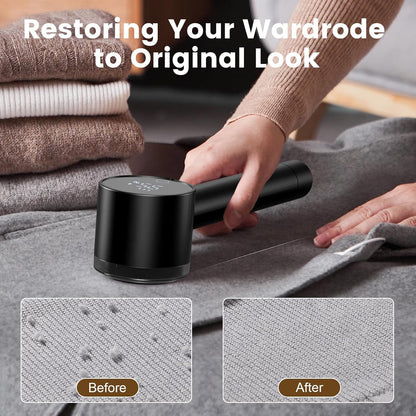 Fabric Shaver Electric Fuzz Remover, 2 in 1 Rechargeable Sweater Shaver with Lint Roller, Magnetic Cap, Digital Display, 2 Extra Blades, Defuzzer for Clothing Furniture Couch - Black