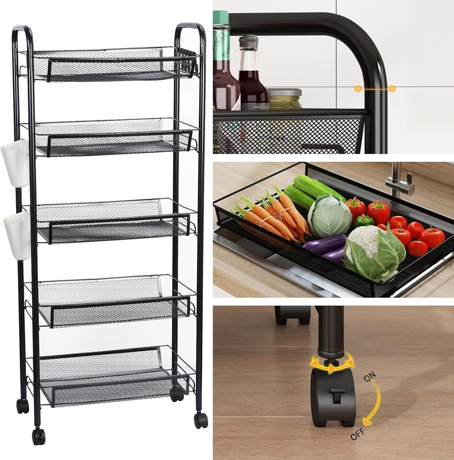 5-Tier Rolling Cart, Stackable Fruit Vegetable Rack, Kitchen Mesh Storage Basket with 360 Degree Wheels, Snack Cart for Kitchen Pantry Bathroom Organizer Heighten Guardrail Detachable (5-Tier Black)