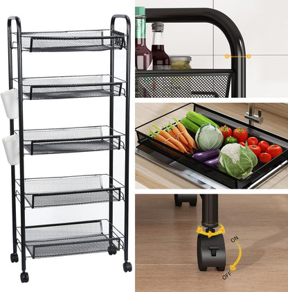 5-Tier Rolling Cart, Stackable Fruit Vegetable Rack, Kitchen Mesh Storage Basket with 360 Degree Wheels, Snack Cart for Kitchen Pantry Bathroom Organizer Heighten Guardrail Detachable (5-Tier Black)