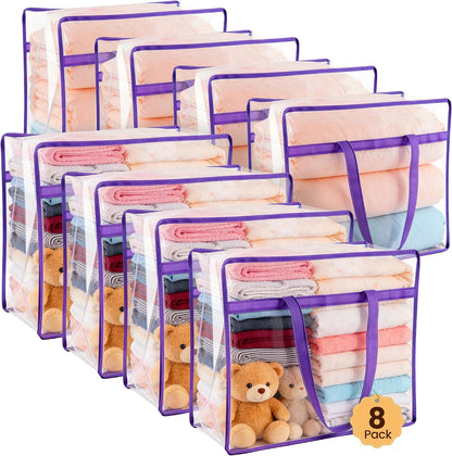 8 Pack Clear Clothes Storage Bags, Double Zipper Design 40L Underbed Moving Bags for Blankets and Clothes, Large Capacity Closet Organizers and Storage for Dormitory, Bedroom, Closet-Purple