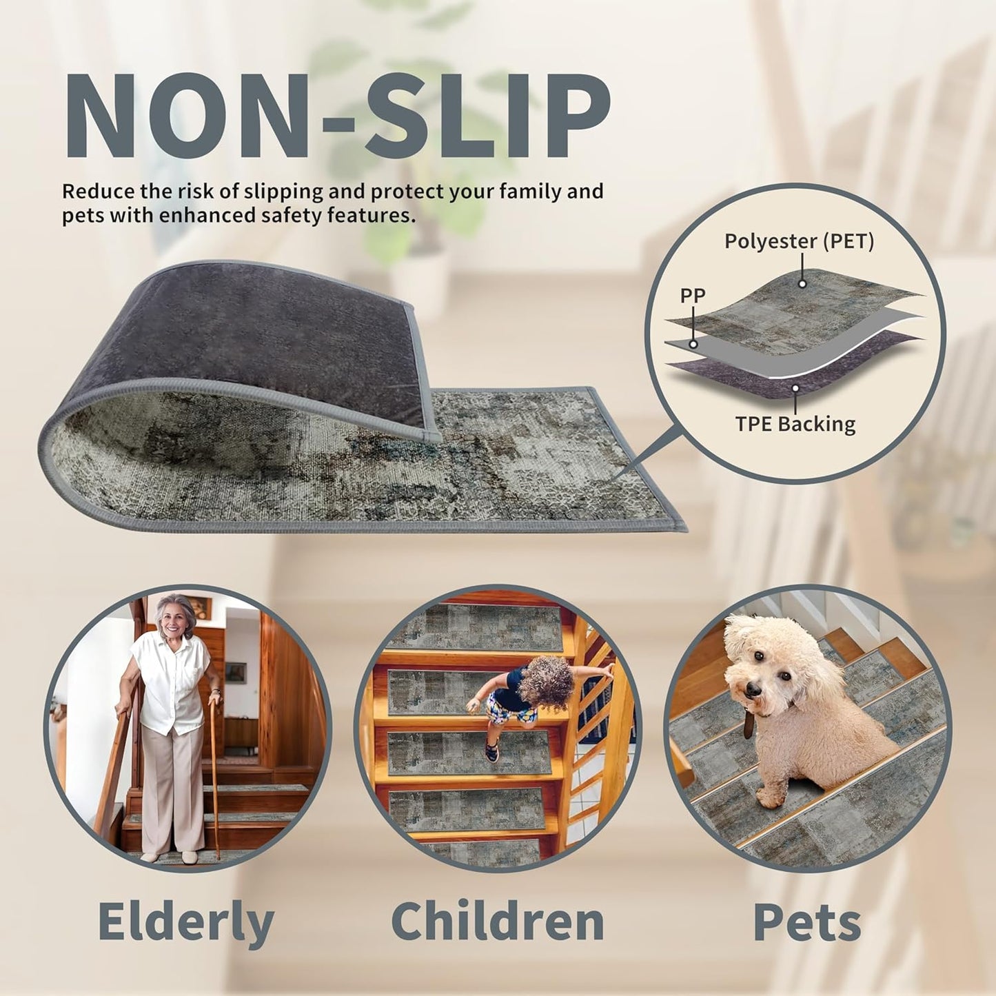 Non-Slip Carpet Stair Treads 15PCS, 8"x30" Peel and Stick Stair Runner for Wooden Steps Indoor, Washable Reusable Adhesive Backing, Pet-Friendly Safety Mats for Kids, Elders, Dogs