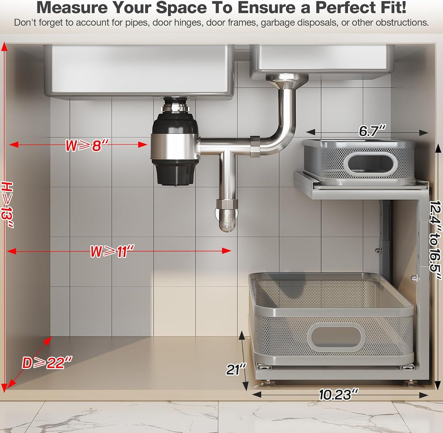 2 Pack 18.5IN-Depth Under Sink Organizer With Next-Gen Ball-Bearing Slides,2-Tier Precision Mesh Pull Out Cabinet Storage for Bathroom&Kitchen,Height Adjustable Drawers Shelf,Anti-rust-White