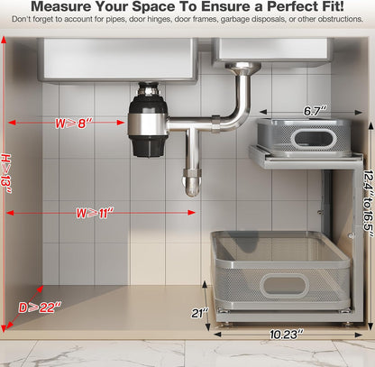 2 Pack 18.5IN-Depth Under Sink Organizer With Next-Gen Ball-Bearing Slides,2-Tier Precision Mesh Pull Out Cabinet Storage for Bathroom&Kitchen,Height Adjustable Drawers Shelf,Anti-rust-White