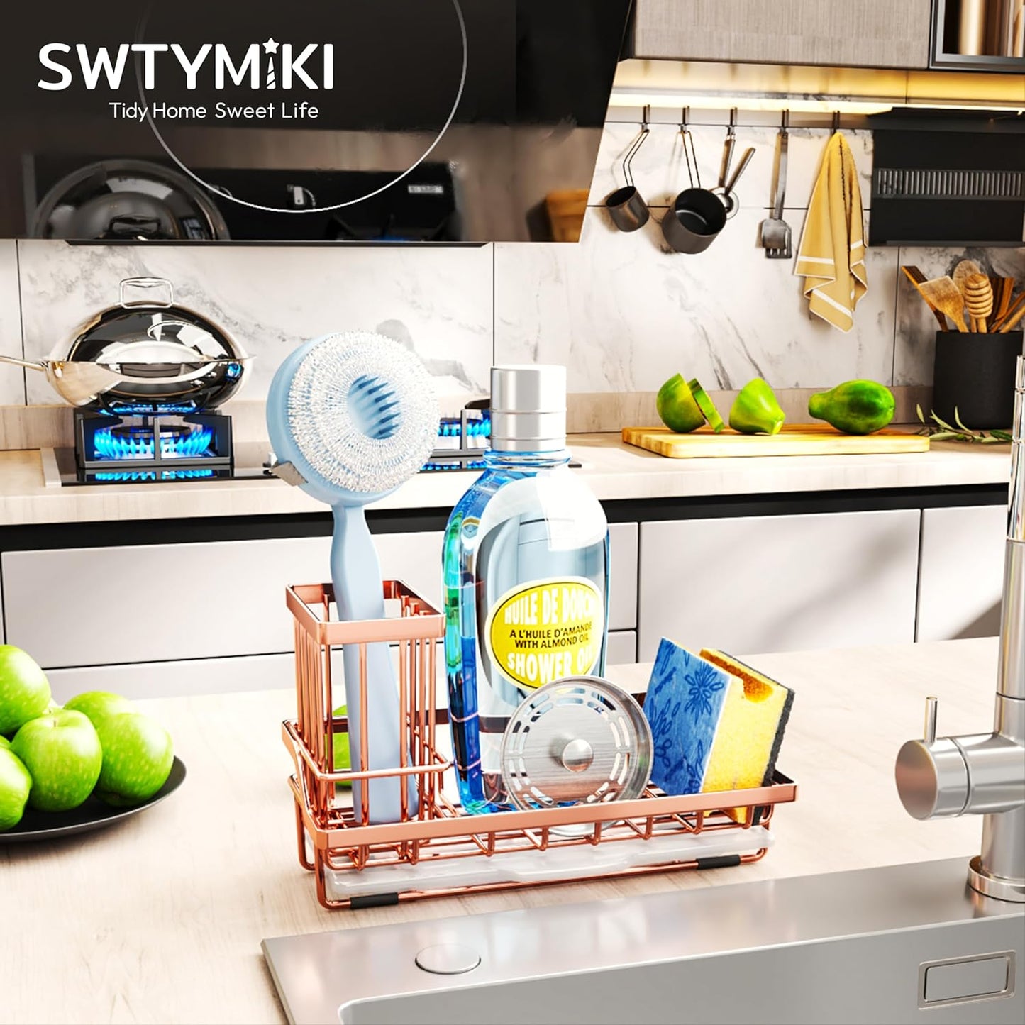 SWTYMIKI Sink Caddy Sponge Holder - Kitchen Sink Organizer with High Brush Holder for Countertop to Hold Dish Soaps and Sponges, Stainless Steel, Black