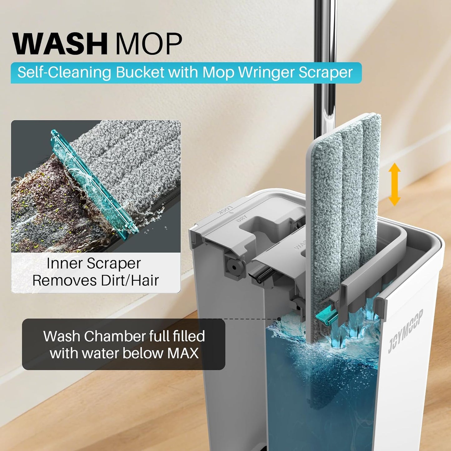 JOYMOOP Mop and Bucket Set, Flat Mops for Floor & Wall Cleaning, Commercial & Household Use, Hardwood Floor Mop with Long Handle & 4 Microfiber Pads