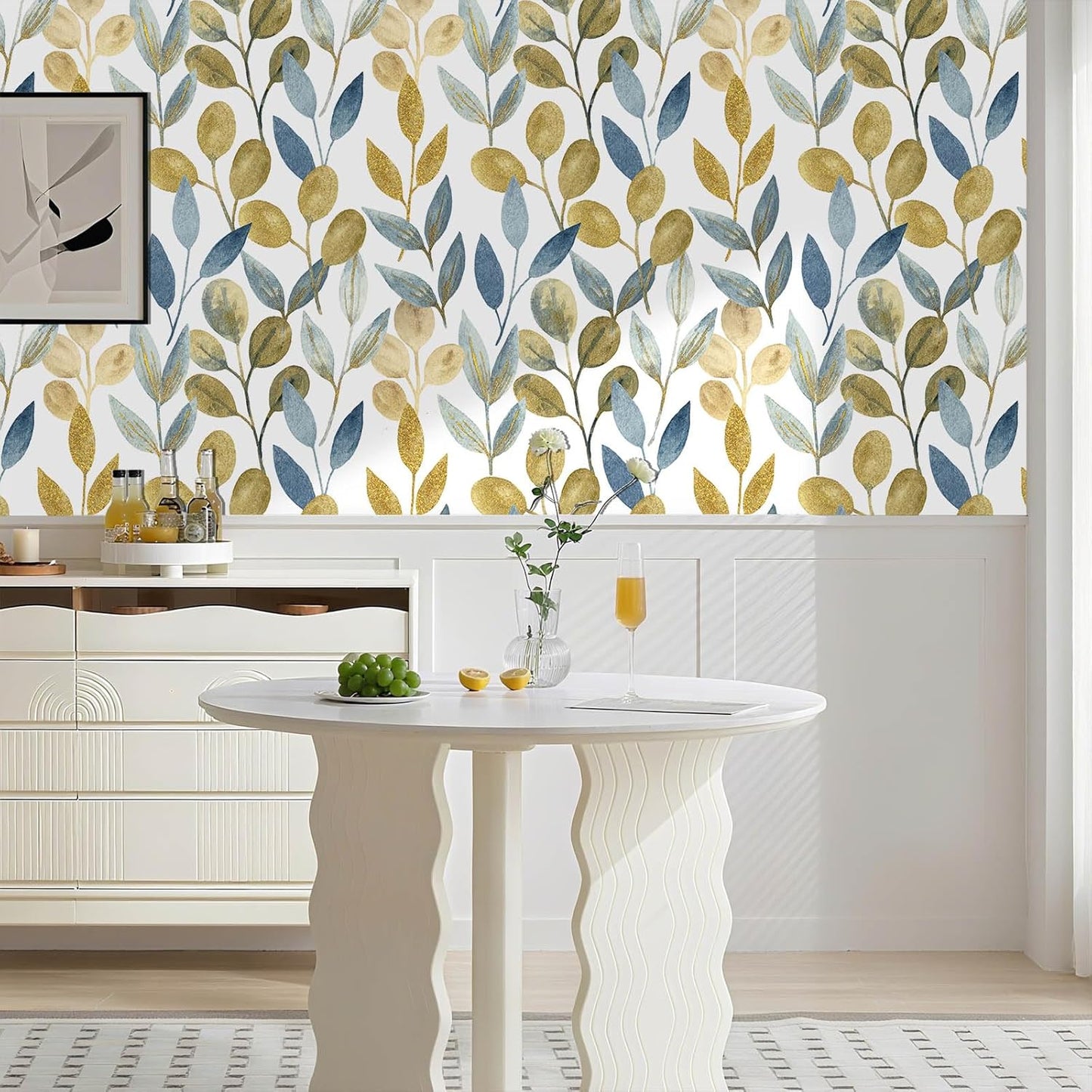 Blue Gold Leaf Peel and Stick Wallpaper Modern Self Adhesive Contact Paper Waterproof Removable Wall Paper for Bathroom Living Room 17.7"x70.8" Luxury Decorative Wallpaper