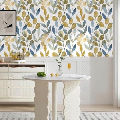 Blue Gold Leaf Peel and Stick Wallpaper Modern Self Adhesive Contact Paper Waterproof Removable Wall Paper for Bathroom Living Room 17.7"x70.8" Luxury Decorative Wallpaper