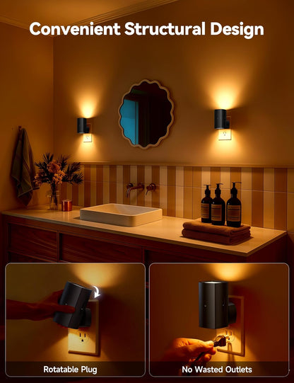 Brightown 2 Pack Night Lights Plug Into Wall, Modern Night Light with Rotating Plug, Dusk to Dawn Sensor, 0-100LM Stepless Dimming Nightlights, Home Decor for Hallway Bedroom Bathroom, Soft White