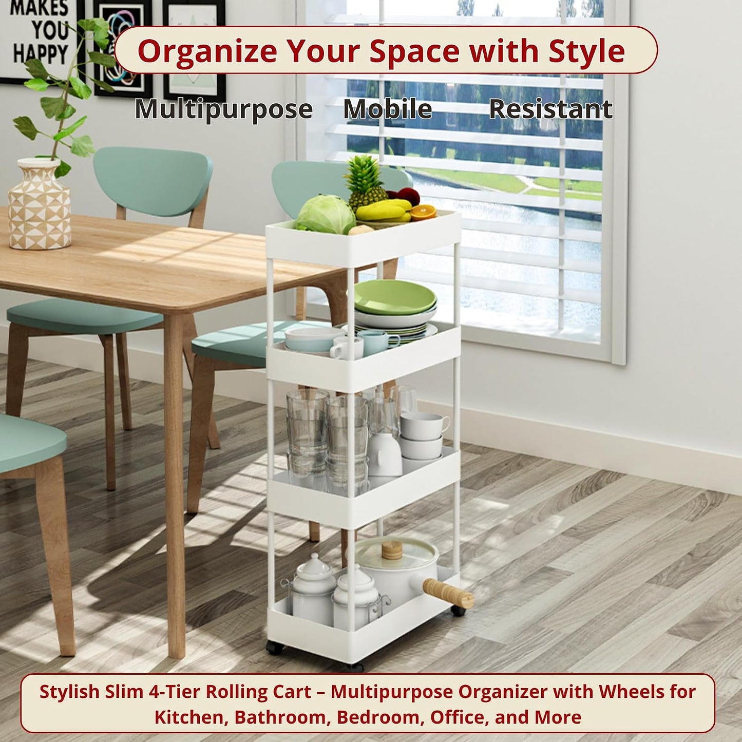 Slim Storage Cart with Wheels Lockable, 4 Tier Narrow Rolling Cart, Hooks and Basket, Multi Cart Organizer for Kitchen Bathroom Laundry Bedroom Office