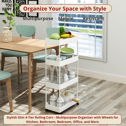 Slim Storage Cart with Wheels Lockable, 4 Tier Narrow Rolling Cart, Hooks and Basket, Multi Cart Organizer for Kitchen Bathroom Laundry Bedroom Office