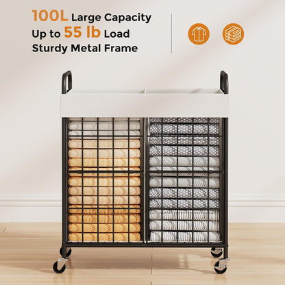 2 Section Laundry Hamper with Wheels and Brake, 100L Laundry Sorter Cart with 2 Removable Liner Bags, Metal Handle, Rolling Laundry Basket for Bedroom Laundry Room