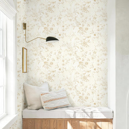 Dimoon 17.3''x78.7'' Vintage Peel and Stick Wallpaper Boho Beige Neutral Contact Paper White Floral Bird Wallpaper Removable Botanical Renter Friendly Modern Wall Paper Bedroom Bathroom Vinyl Roll