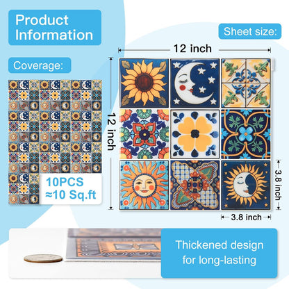 Art3d Talavera Hand-painted Waterproof Peel and Stick Backsplash Tile for Kitchen & Living Room, Sun & Moon Floral Design - 10-Pack of 12 x 12 Inch