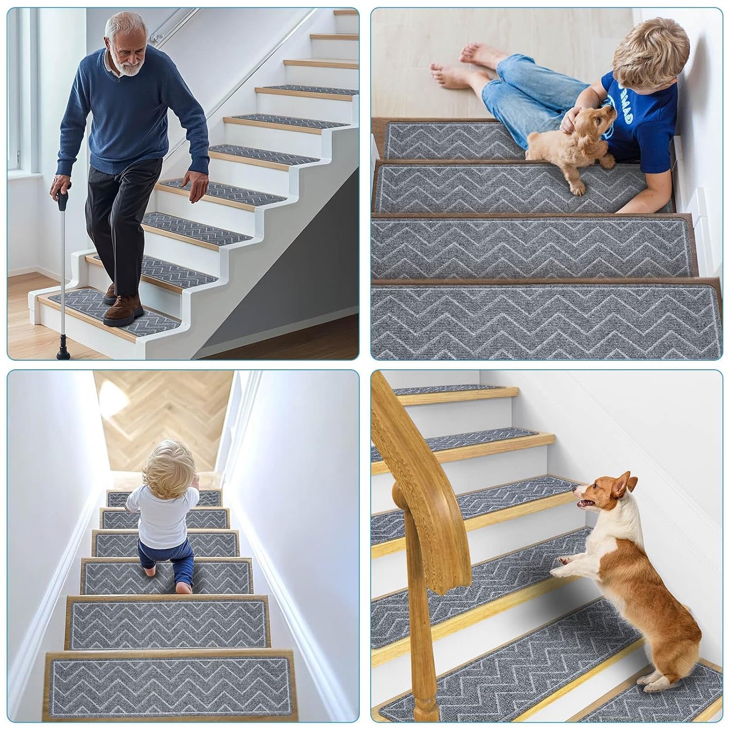 Stair Treads for Wooden Steps, 15 Pack 8"x30" Non-Slip Indoor Carpet Stair Treads with Reusable Polyester TPE Backing for Kids Elders and Pets (Dark Gray)
