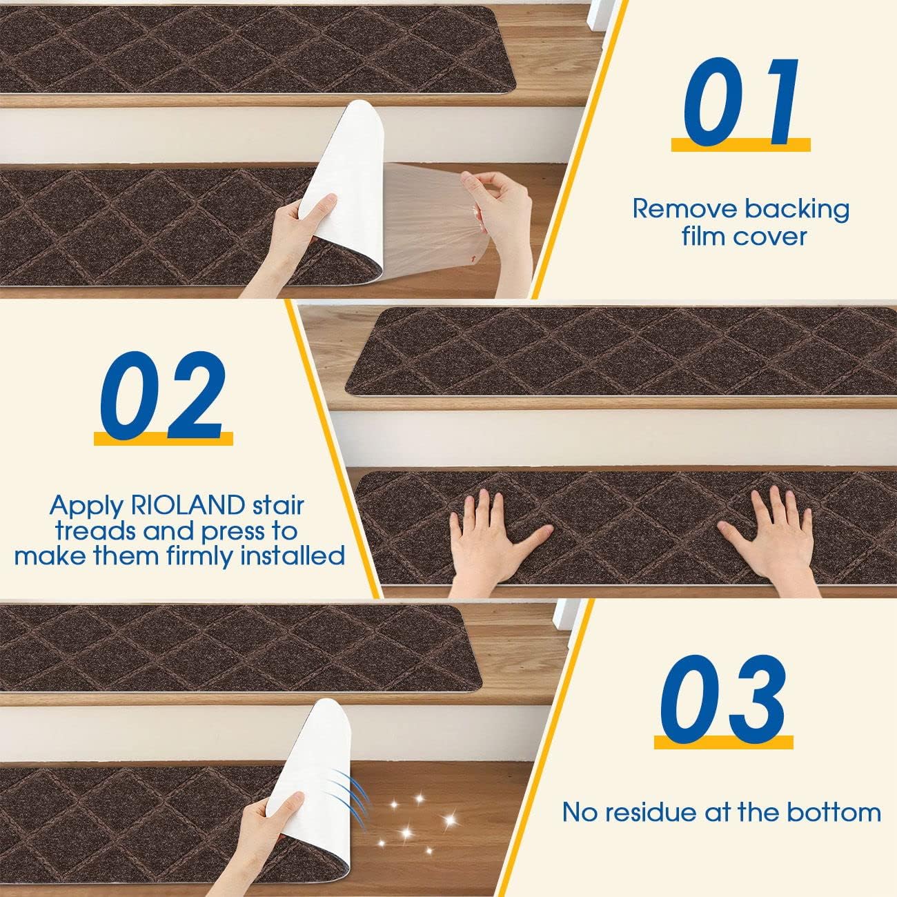RIOLAND Stair Treads Carpet Non-Slip Indoor 15 PCS Wood Stair Treads Rugs Anti Moving Modern Stair Runners Safety for Kids Dogs, 8" X 30", Diamond Gray