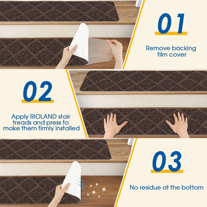 RIOLAND Stair Treads Carpet Non-Slip Indoor 15 PCS Wood Stair Treads Rugs Anti Moving Modern Stair Runners Safety for Kids Dogs, 8" X 30", Diamond Gray