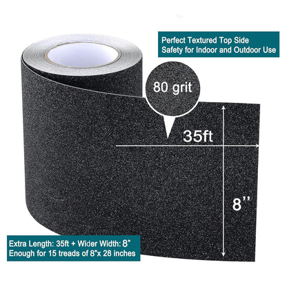 Anti Slip Tape, 12 Inch x 16 Ft Grip Tape for Stairs Outdoor/Indoor, Waterproof Non Skid Roll for Stair Treads Non Slip, High Traction Friction Abrasive Adhesive Stair Steps - Black