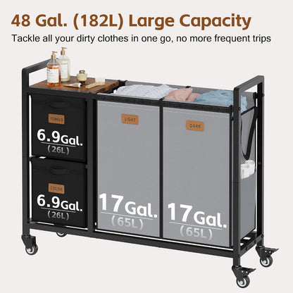 Hoctieon 4 Section Laundry Cart, 48 Gal. (182L) Laundry Hamper with Lid, Laundry Basket with Wheels, Rolling Laundry Sorter Organizer with Shelf, Clothes Separator with Removable Bags, Black