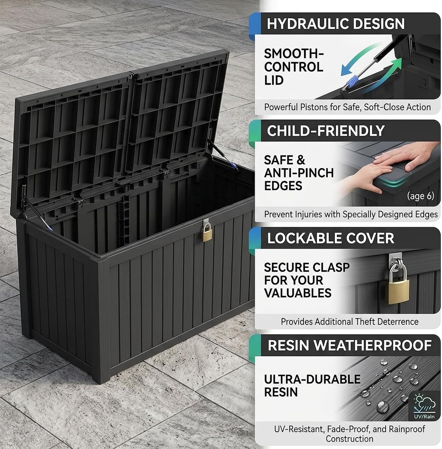 270 Gallon Lockable Resin Outdoor Storage Box, Waterproof & Weather Resistant Deck Box for Patio Cushion, Garden Tools & Pool Accessories, Black
