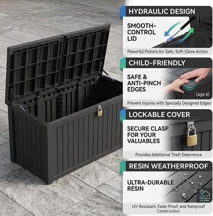 270 Gallon Lockable Resin Outdoor Storage Box, Waterproof & Weather Resistant Deck Box for Patio Cushion, Garden Tools & Pool Accessories, Black