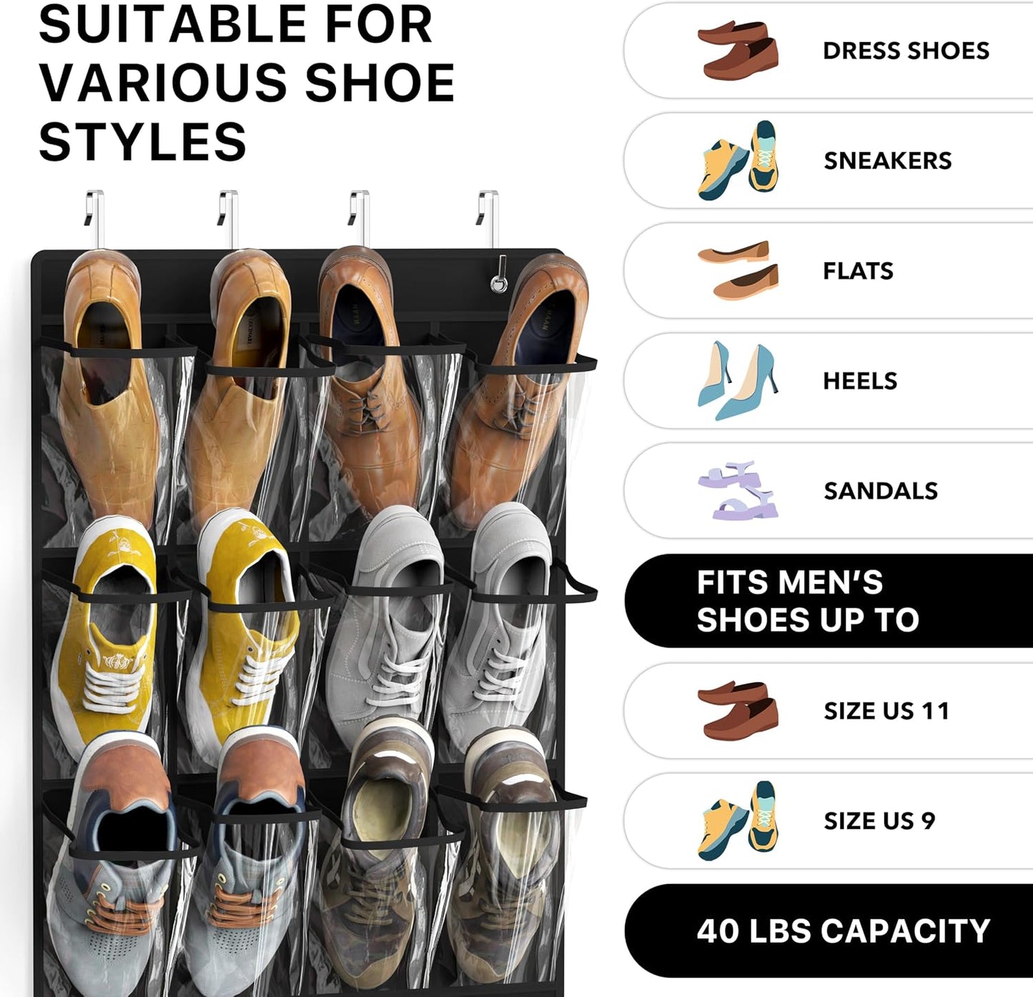 Simple Houseware 24 Pockets - Crystal Clear Over The Door Hanging Shoe Organizer, Gray (64'' x 19'')