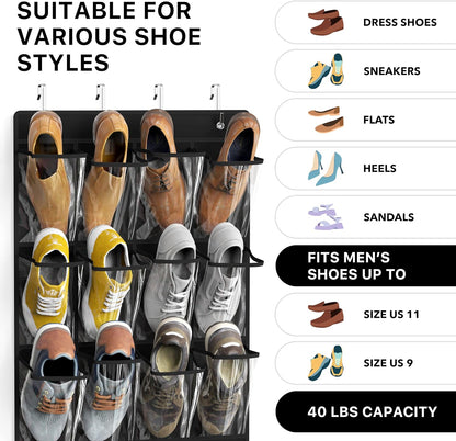 Simple Houseware 24 Pockets - Crystal Clear Over The Door Hanging Shoe Organizer, Gray (64'' x 19'')